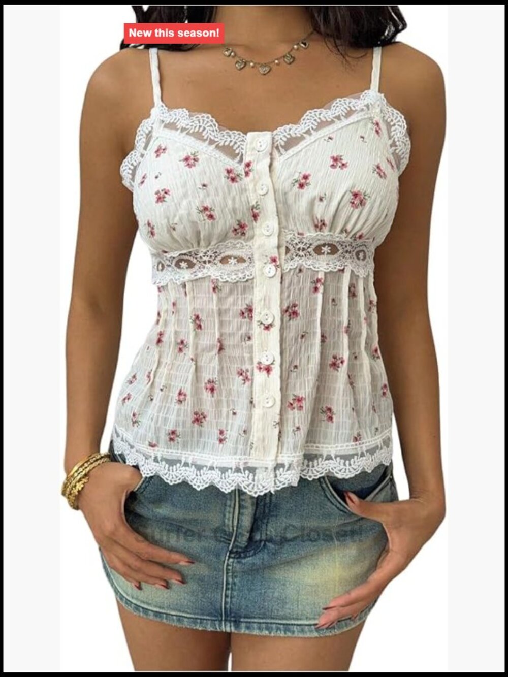 Y2K Lace Trim Floral Coquette V Neck Spaghetti Strap Tank Top